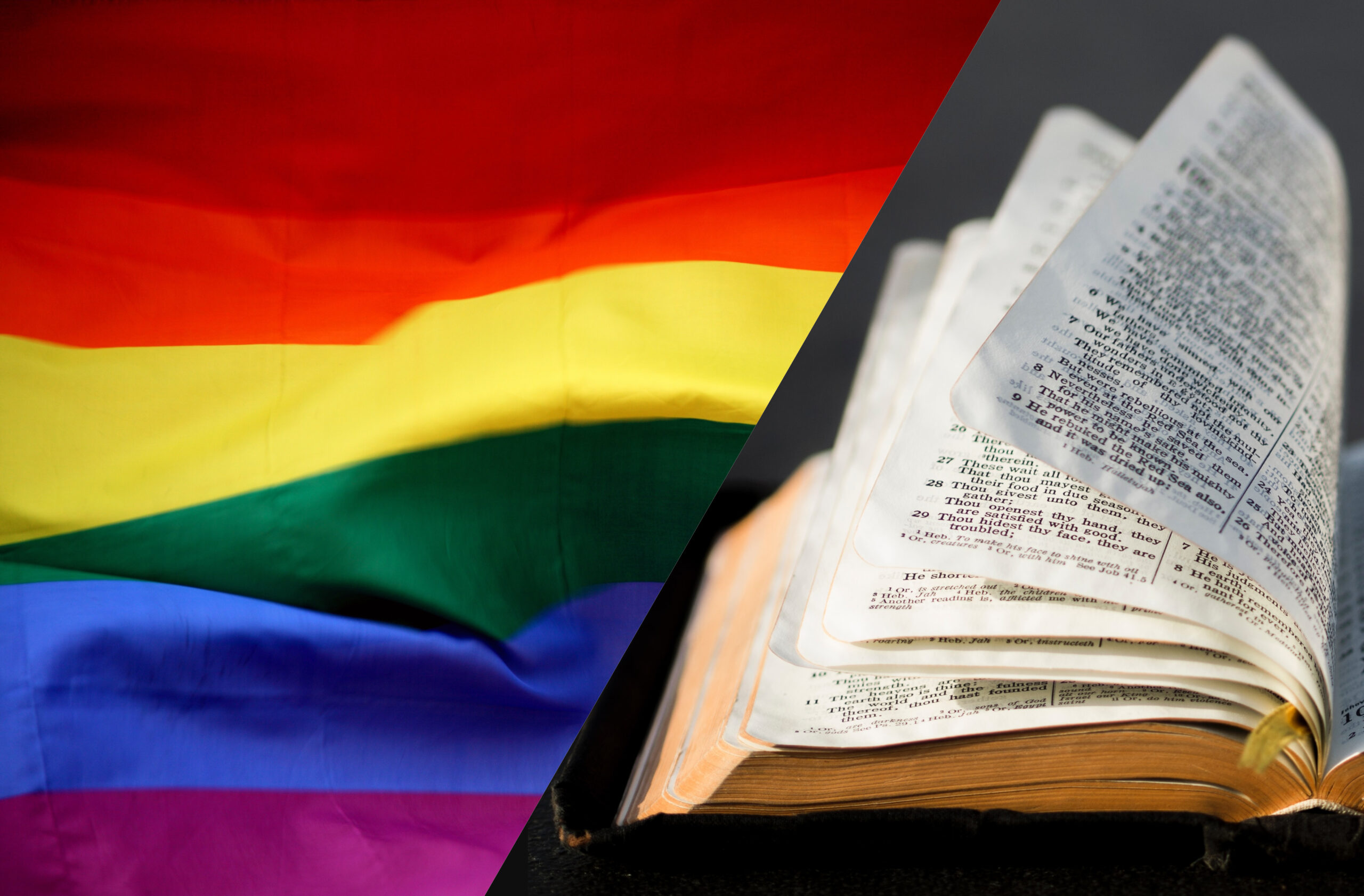 A composite image of a gay pride flag and a bible, open to somewhere in the middle