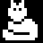 A pixelated animation of a cat, drawn in white pixels on a black background. The cat is sitting, with its tail curled around itself. It flicks the end of its tail, then flicks its left ear. After flicking its ear, it looks up and to its left as if looking for what bothered its ear.