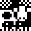 A pixelated animation of a cow, drawn in white pixels on a black background. The cow leans down to graze on some grass, which is blowing in the wind. There also appear to be some trees behind the cow which also blow gently in the wind.