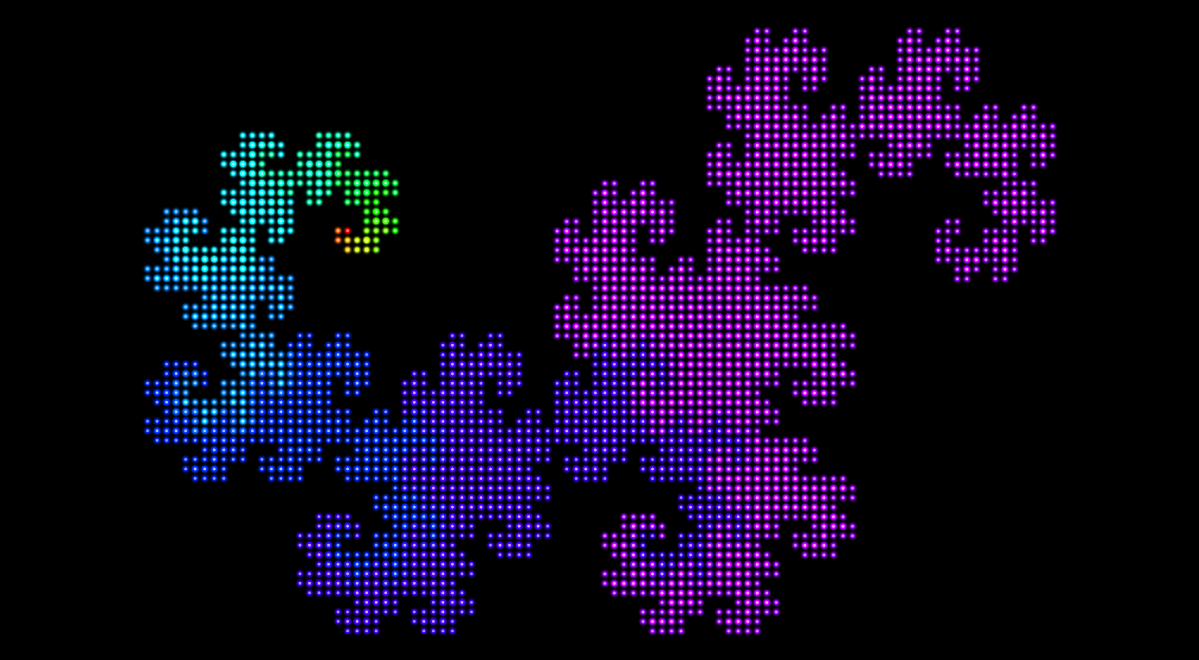 An image of the Dragon Curve, which is a kind of curlcue that consists of curlicues. The figure is thinner at its two ends (which are both essentially spirals), and along its length are copies of itself turned perpendicular to its general line. Portions of the figure are different colors, ranging from red through orange, green, etc. to purple