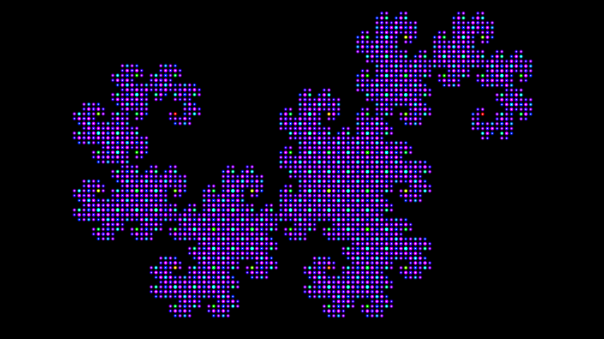 An image of the Dragon Curve, which is a kind of curlcue that consists of curlicues. The figure is thinner at its two ends (which are both essentially spirals), and along its length are copies of itself turned perpendicular to its general line. The figure appears to be mostly purple, but has lighter colors polka-dotted throughout it.