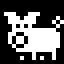 A pixelated animation of a pig. The pig is drawn in white pixels on a black background. The pig leans over to snuffle the ground, while curling and uncurling its tail.