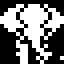 A pixelated animation of an elephant. The elephant is drawn in white pixels on a black background, facing the camera. The elephant appears to be running directly at the camera, flapping its ears, and swinging its trunk from side to side.