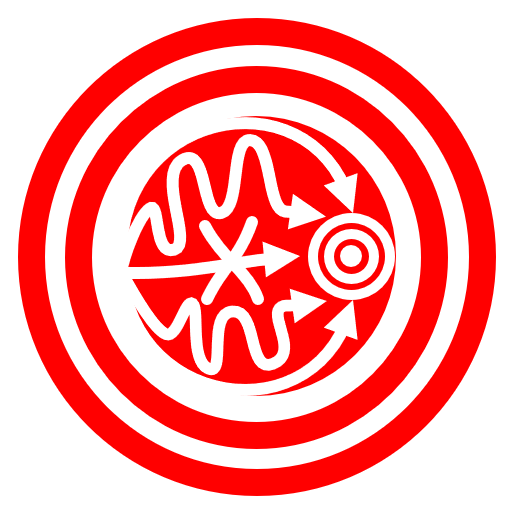 An image of two concentric red rings around a solid red circle. This is meant to look a bit like an archery target. Central circle contains another smaller target, but in white. Leading to that target are four white arrows. The outer two are relatively smooth curves forming almost a complete circle. Inside those are two much more wiggly arrows. Between them is a much straighter arrow with an "X" through it.