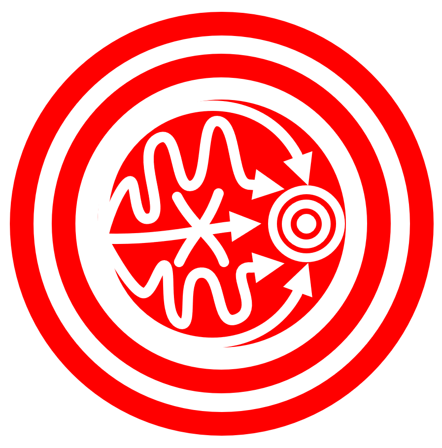 An image of two concentric red rings around a solid red circle. This is meant to look a bit like an archery target. Central circle contains another smaller target, but in white. Leading to that target are four white arrows. The outer two are relatively smooth curves forming almost a complete circle. Inside those are two much more wiggly arrows. Between them is a much straighter arrow with an "X" through it.