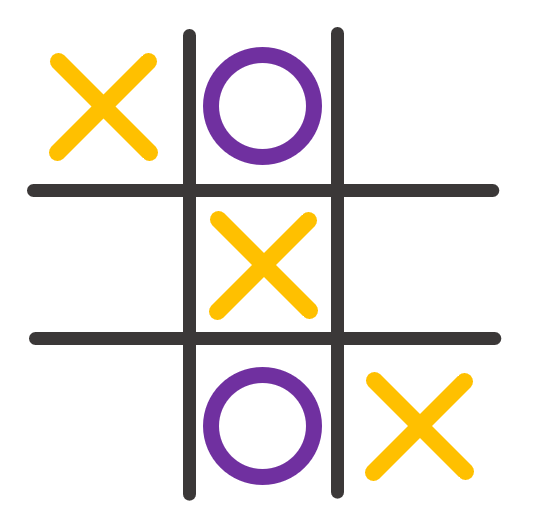 A tic-tac-toe grid with three yellow Xs on the diagonal (top left to bottom right) and two purple Os (one in the upper middle, and one in the lower middle).