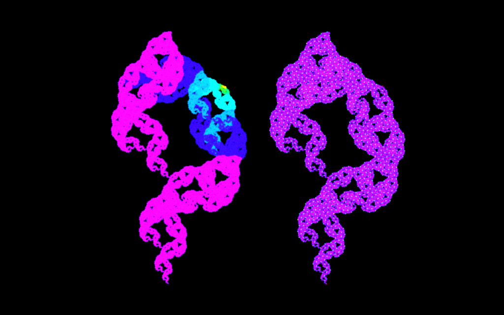An image of two versions of a fractal. The left version draws similar portions of the figure in different colors, while the right version uses differently-colored dots throughout the image. The figure looks like two ribbons or streamers that have been twisted around each other like DNA, except that each is itself made of two streamers/ribons.
